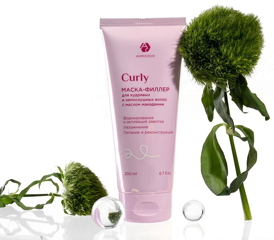 Маска-филлер CURLY для кудрявых и непослушных волос, с маслом макадамии, ADRICOCO, 200 мл